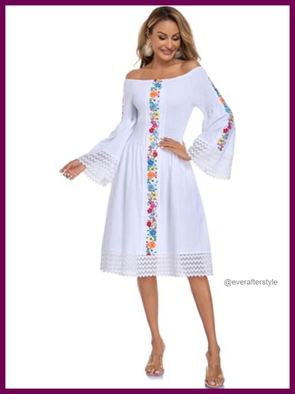 Mexican Embroidered Floral Midi Dress Off Shoulder Bell Sleeve Boho